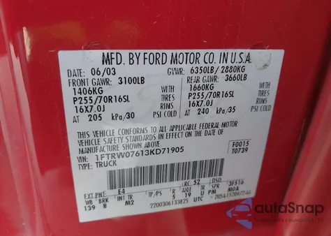 2003 Ford F-150 Lariat/Xlt z USA, uszkodzony, nr VIN 1FTRW07613KD71905